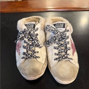 GGDB Golden Goose Super-Star White Leather Sneakers with Pink Glitter Star